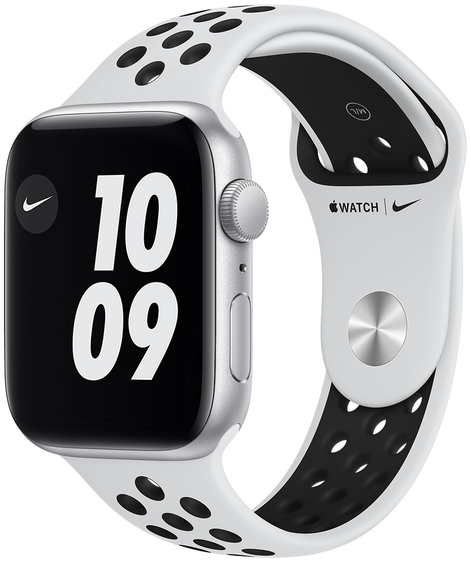 Apple Watch Nike SE GPS hopeanvärinen alumiinikuori 44 mm Pure  Platinum/musta Nike urheiluranneke MKQ73KS/A