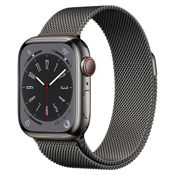Apple Watch Series 8 GPS + Cellular grafiitinvärinen ruostumaton teräskuori  41 mm grafiitinvärinen milanolaisranneke MNJM3KS/A - Keskisen Kello Oy